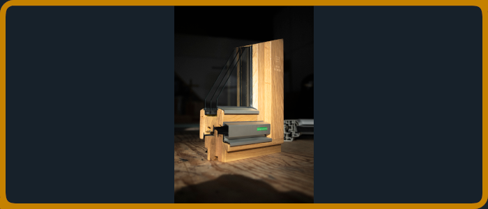 Fensterrahmen und Fensterflügel im Querschnitt mit Regenschiene und ISO Glas